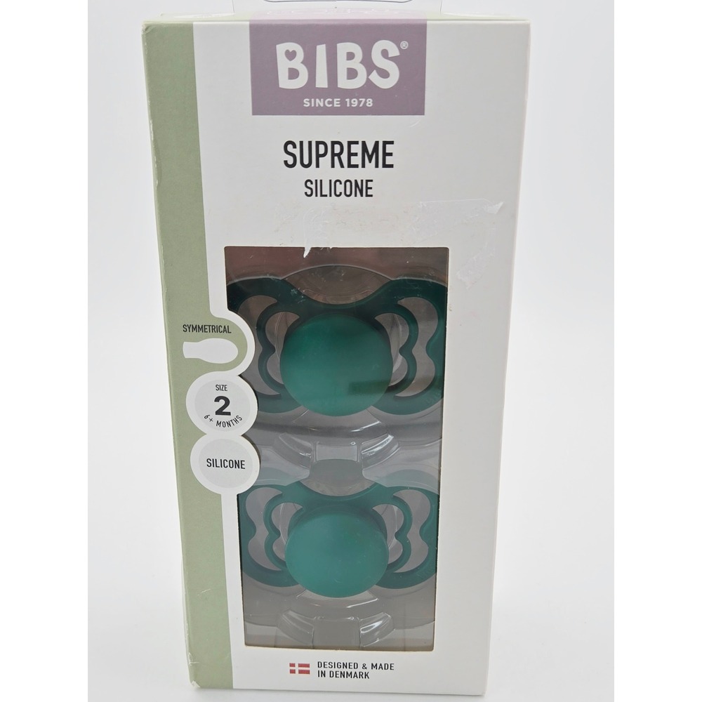BIBS Supreme Silicone Pacifiers 2-Pack Size 2 6+ Months Green Symmetrical NIB
